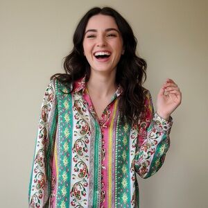 Zara Vibrant Floral Silk Blouse - Green, Pink, White Small